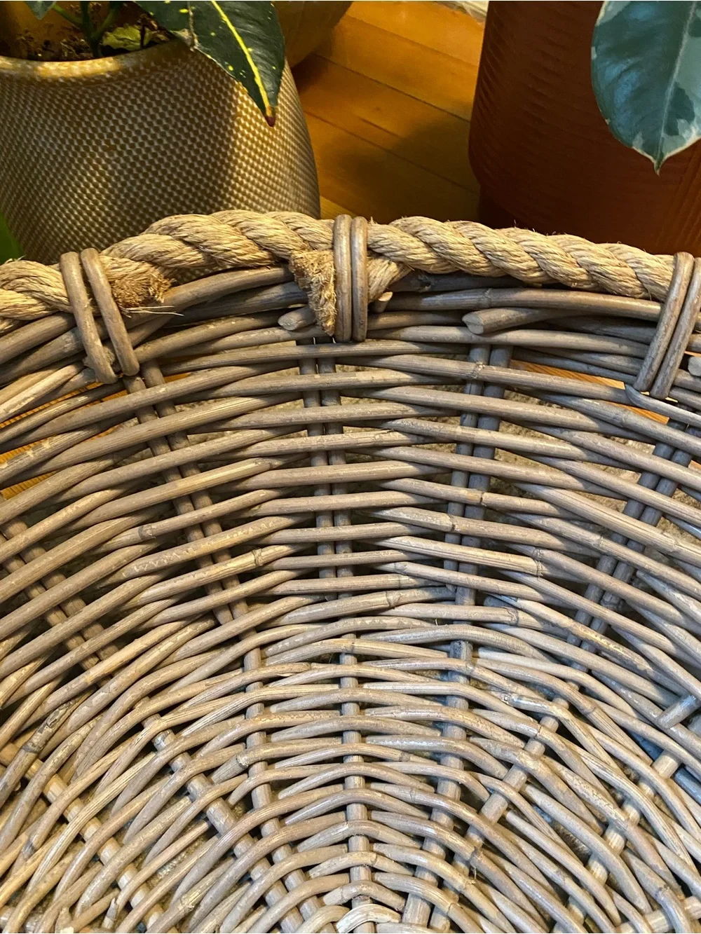 HUGE Vintage Gray Wash Round Wicker Basket Rope Handles Farmhouse Coastal Decor